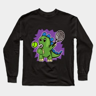 Dinosaur Playing Tennis Purple Background Long Sleeve T-Shirt